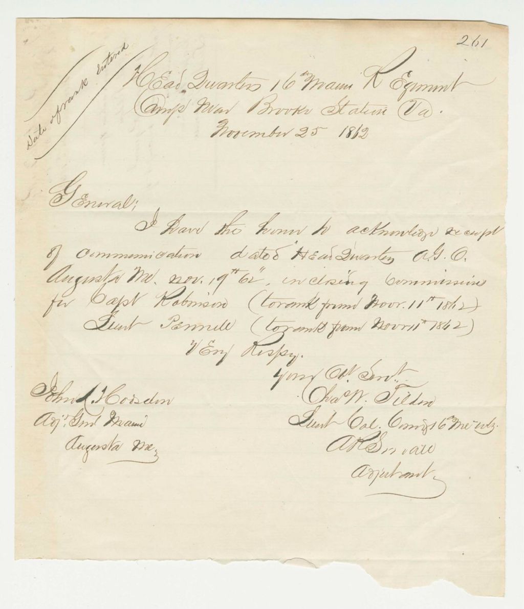 Miniature of Lieutenant Colonel Tilden acknowledges commissions for Captain S. Forrest Robinson and Lieutenant Isaac Pennell
