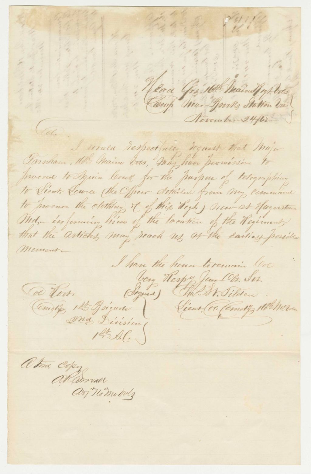 Miniature of Lieutenant Colonel Tilden requests permission for Major Farnham to get clothing for regiment