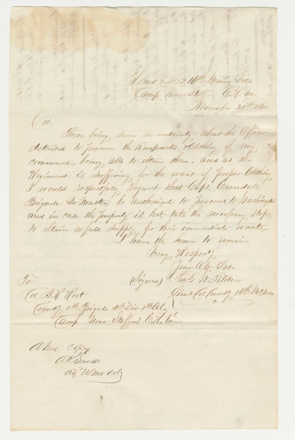Miniature of Lieutenant Colonel Tilden requests Captain Crandall be authorized to go to Washington for knapsacks