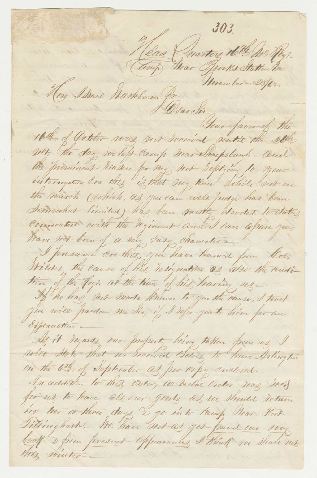 Miniature of Lieutenant Colonel Tilden writes Governor Washburn regarding resignation of Col. Wildes and loss of supplies