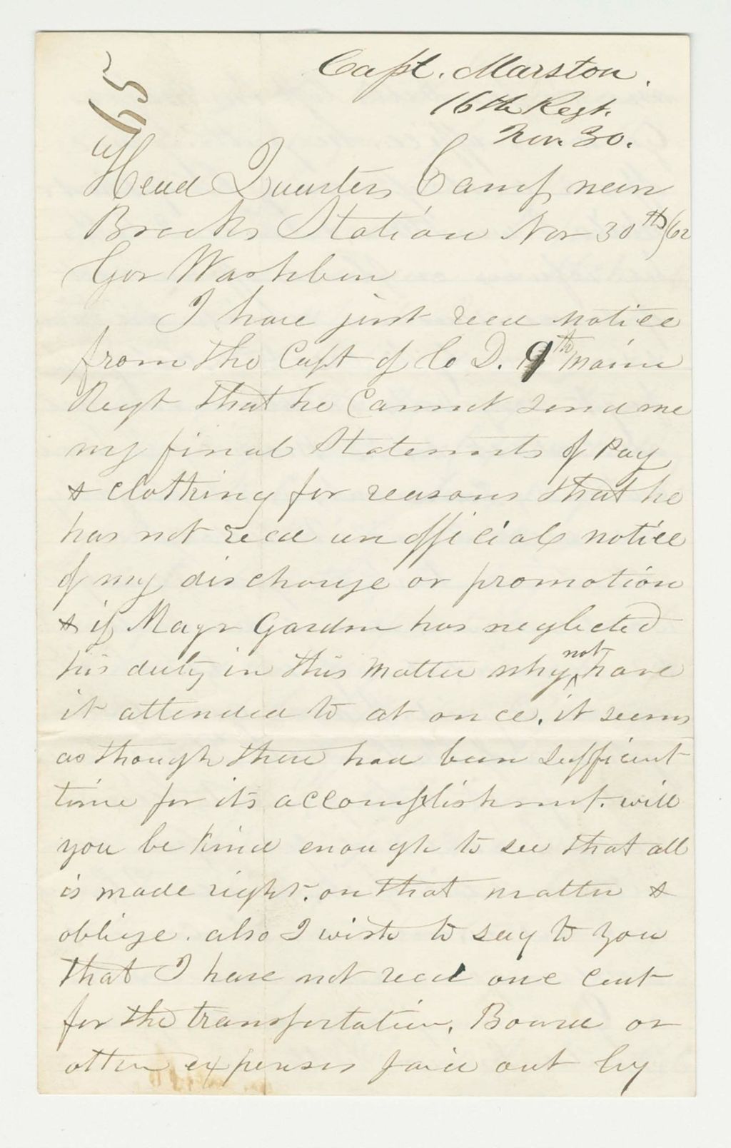 Miniature of Captain Daniel Marston of Company C requests reimbursement for expenses
