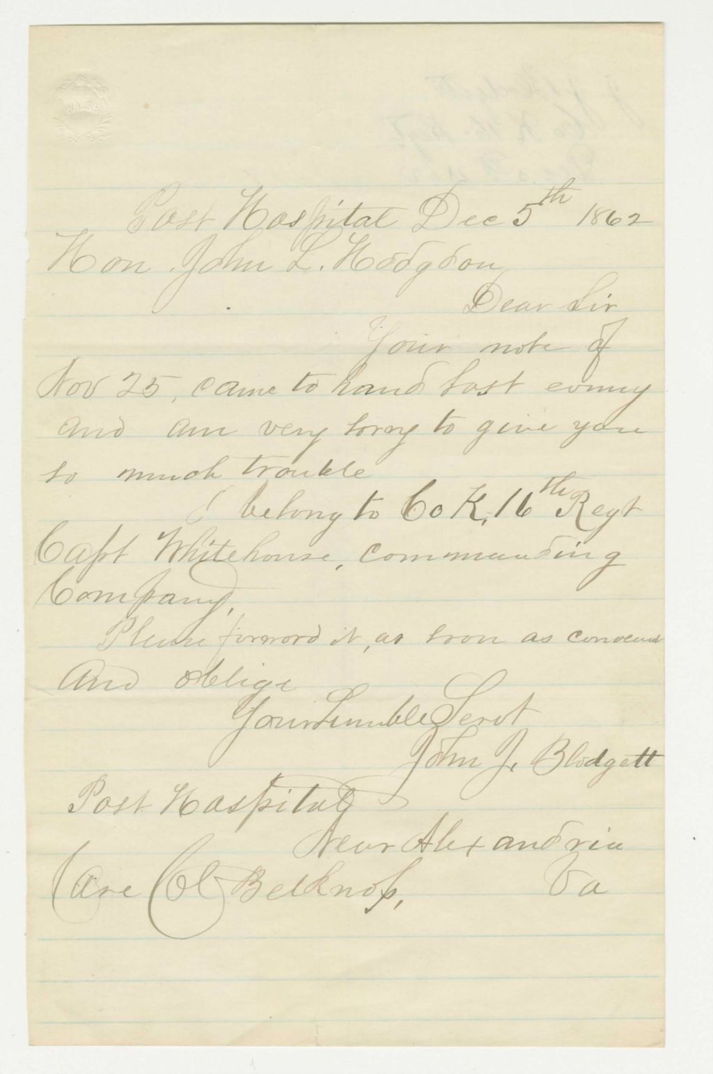 Miniature of John Blodgett requests information from Adjutant General Hodsdon