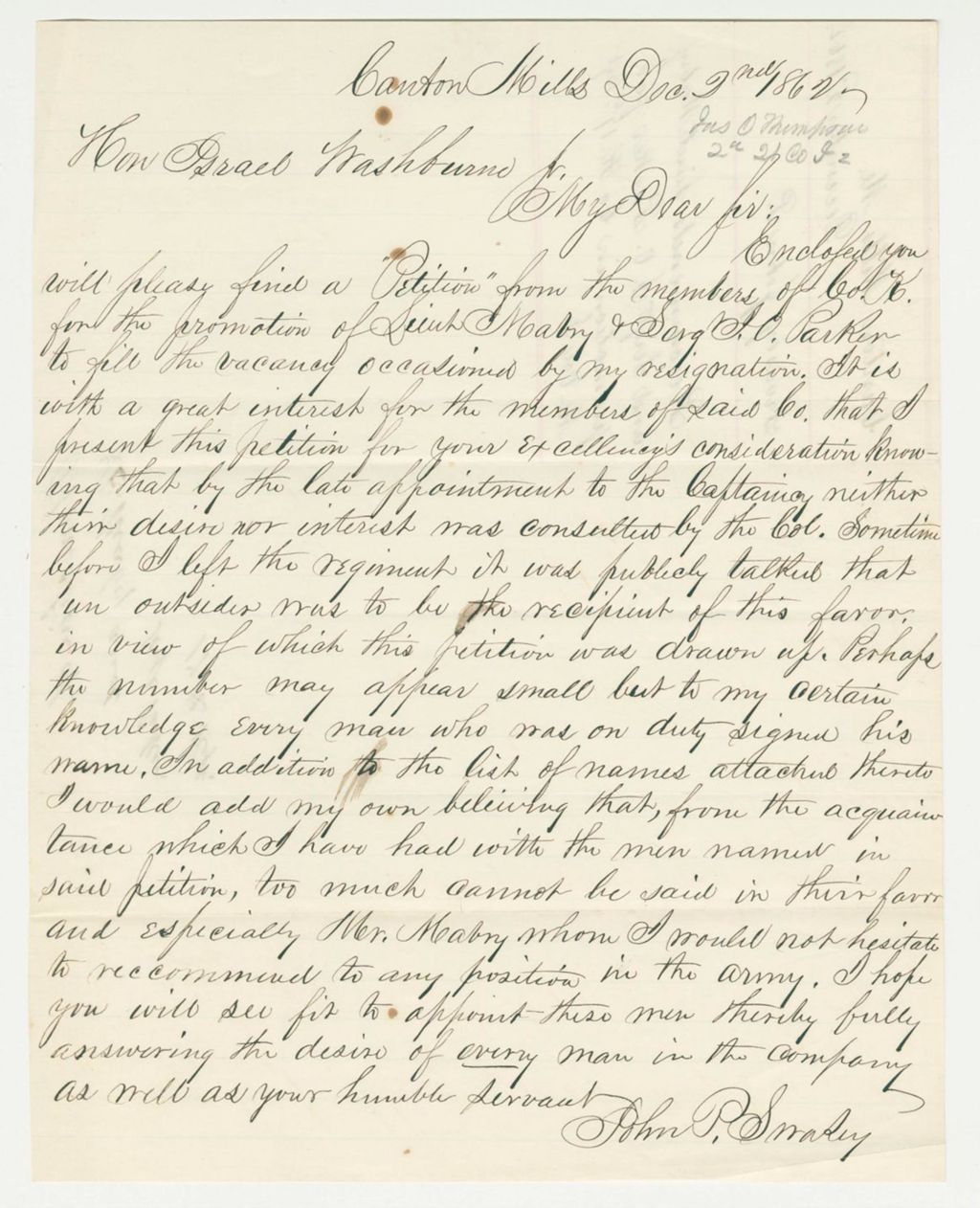 Miniature of John P. Swasey recommends Lieutenant Mabry and Sergeant J.O. Parker for promotion in Company K, 17th Regiment