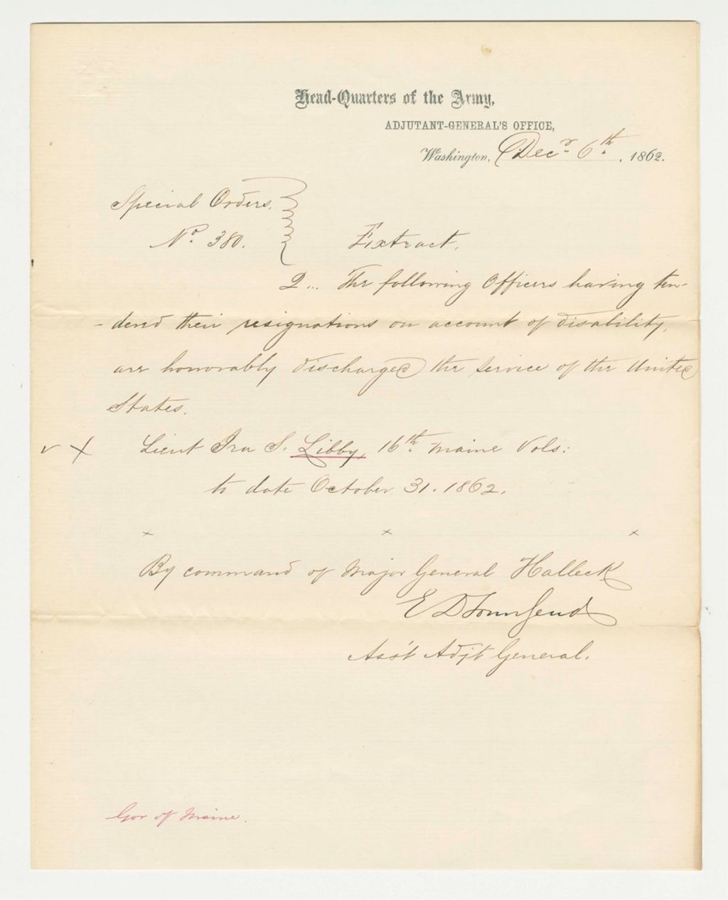 Miniature of Special Order 380 honorably discharging Lieutenant Ira S. Libby for disability