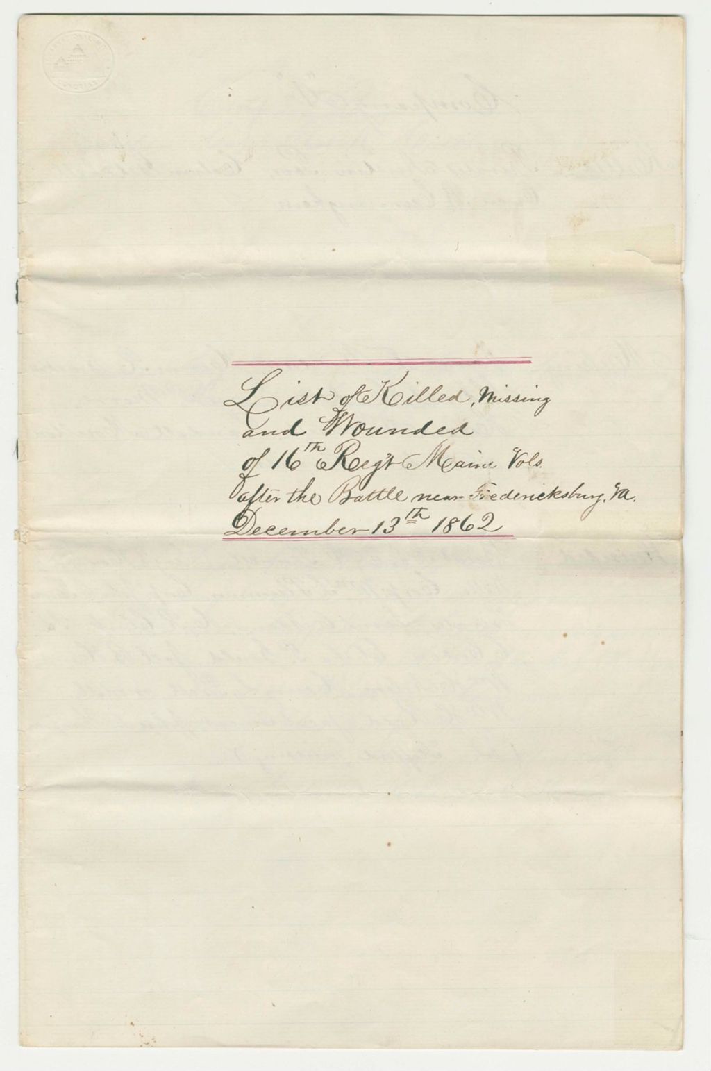 Miniature of List of Killed, Missing and Wounded of 16th Regiment Maine Volunteers after the Battle near Fredericksburg, Virginia
