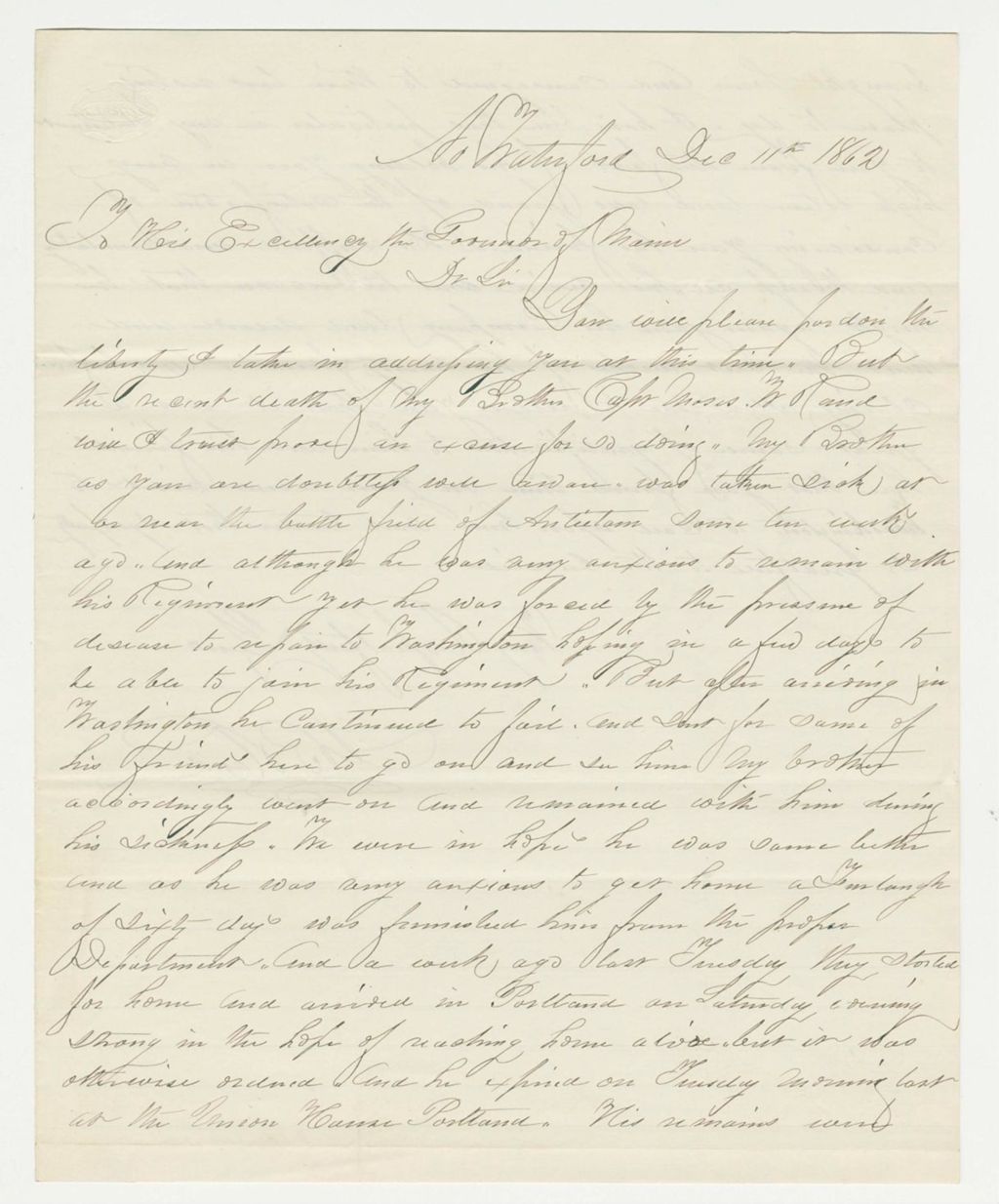 Miniature of H.B. Rand writes regarding the death of his brother, Captain Moses W. Rand
