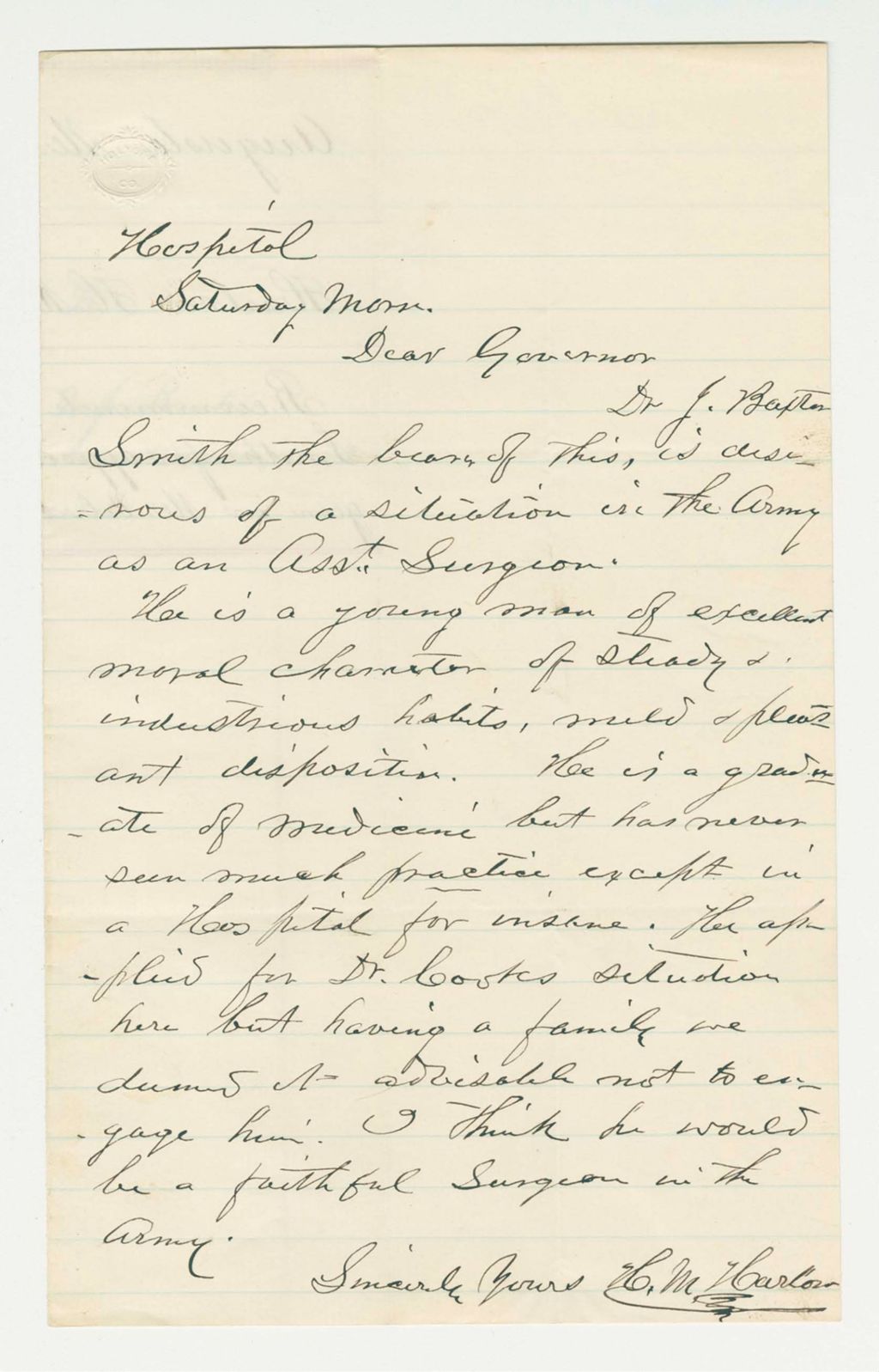 Miniature of Undated -  H.M. Harlow, Jr. recommends Dr. J. Baxter Smith for appointment as surgeon