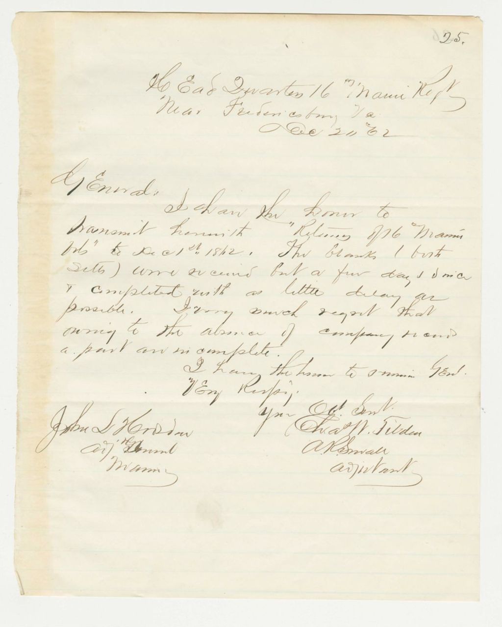Miniature of Colonel Tilden sends the returns of the regiment as of December 1, 1862
