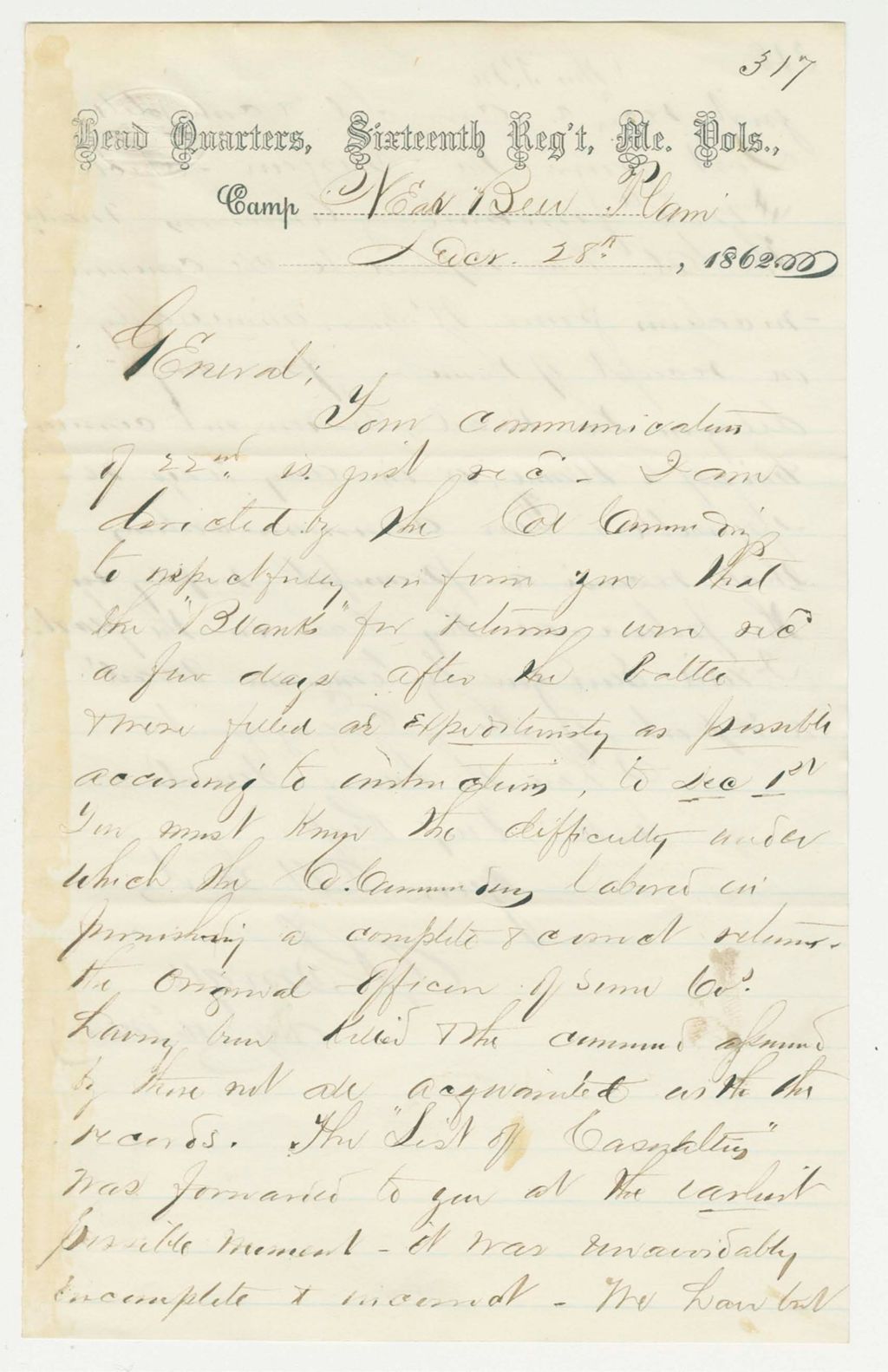 Miniature of A.R. Small writes Adjutant General Hodsdon regarding the casualty list of December 1862