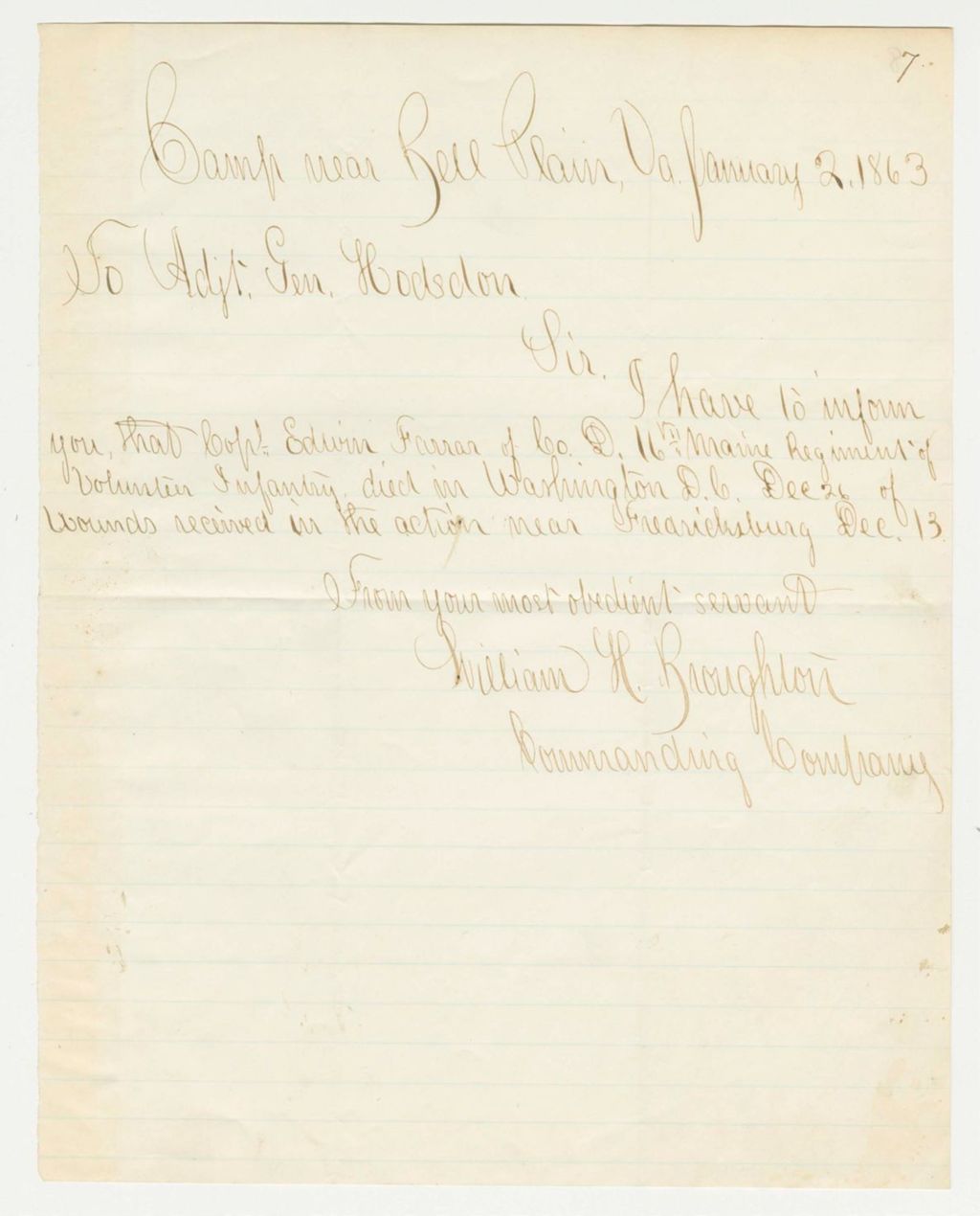 Miniature of William H. Broughton informs Adjutant General Hodsdon of the death of Captain Edwin Farrar, Company D
