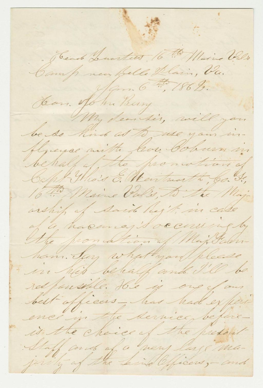Miniature of Bernard Esmond writes John Berry to recommend promotion of Captain Thomas E. Wentworth