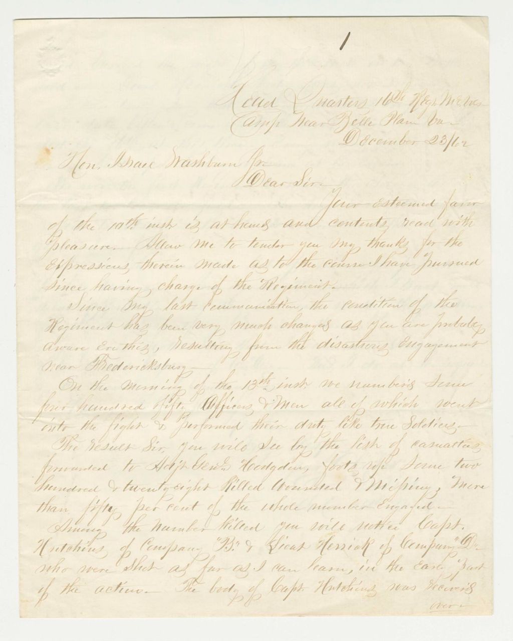 Miniature of Lieutenant Colonel Tilden writes Governor Washburn regarding the condition of the regiment after Fredericksburg