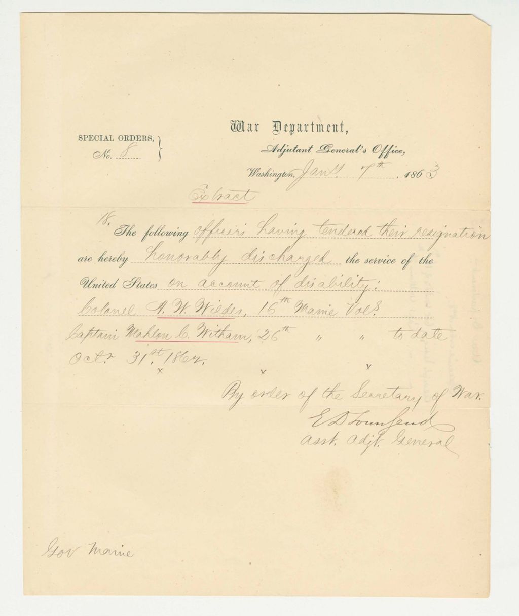 Miniature of Special Order 8 (extract) honorably discharging Colonel Wildes and Captain Mahlon C. Witham