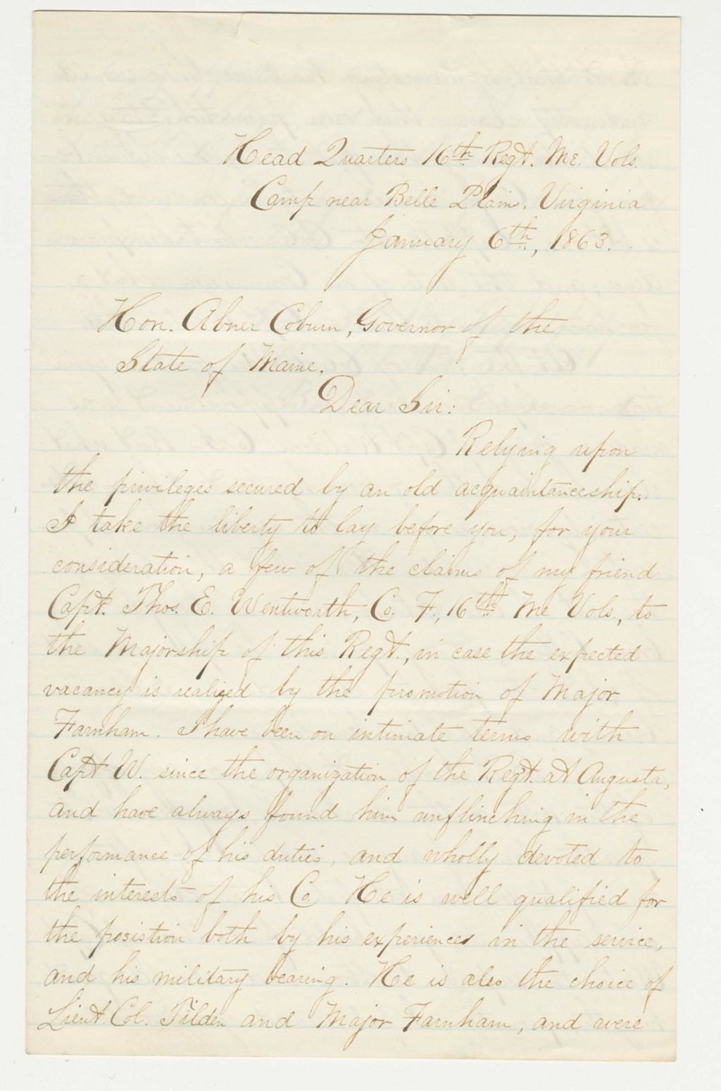 Miniature of Bernard Esmond recommends Thomas E. Wentworth for promotion