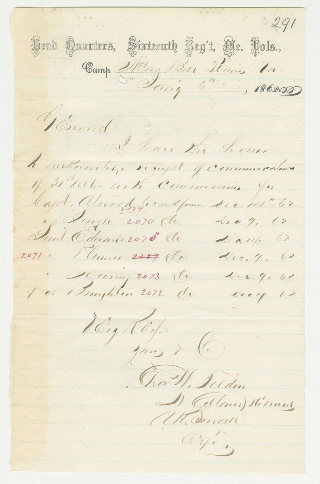 Miniature of Lt. Colonel Tilden acknowledges commissions