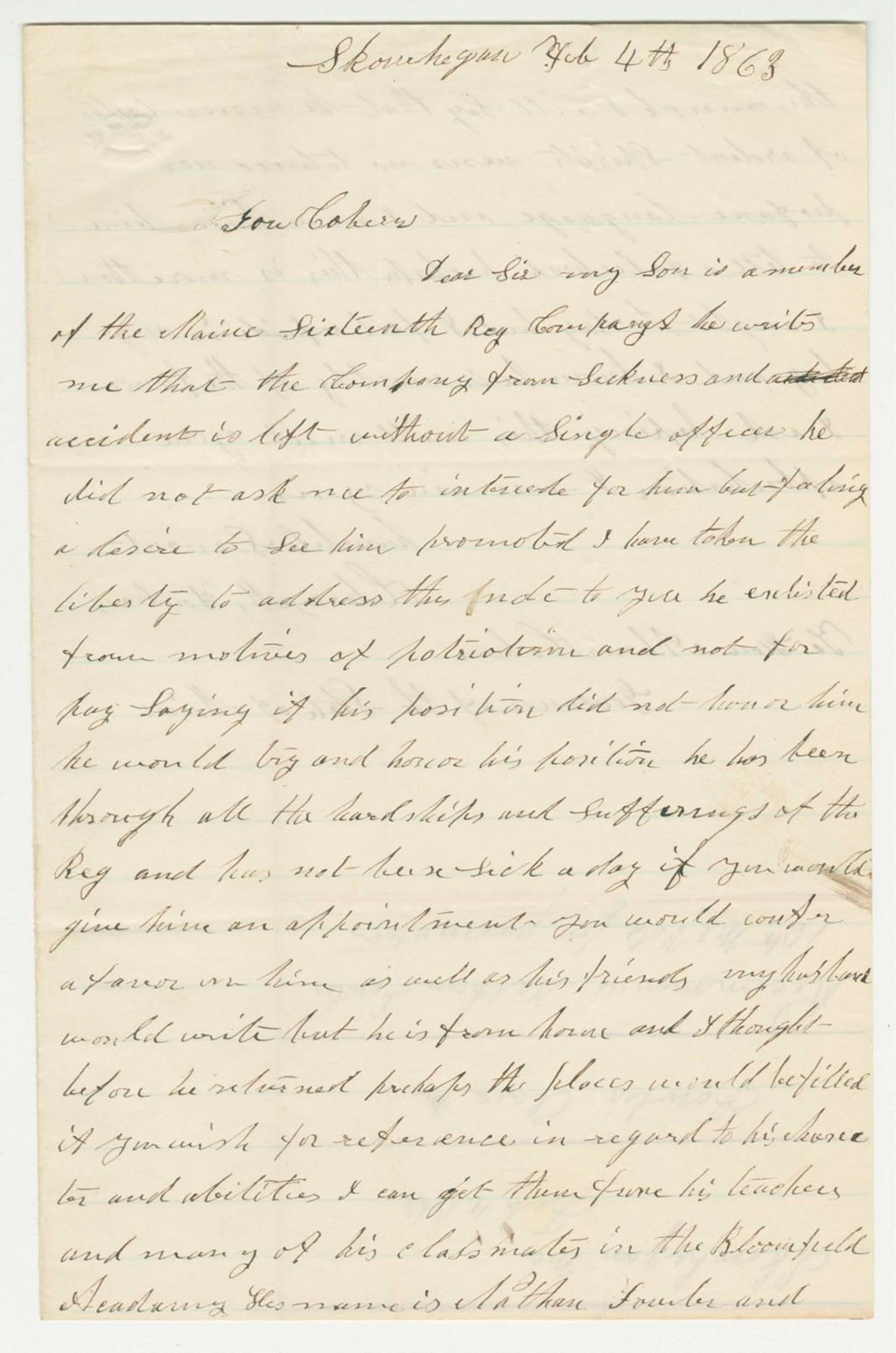 Miniature of Clara M. Fowler recommends son Nathan for promotion