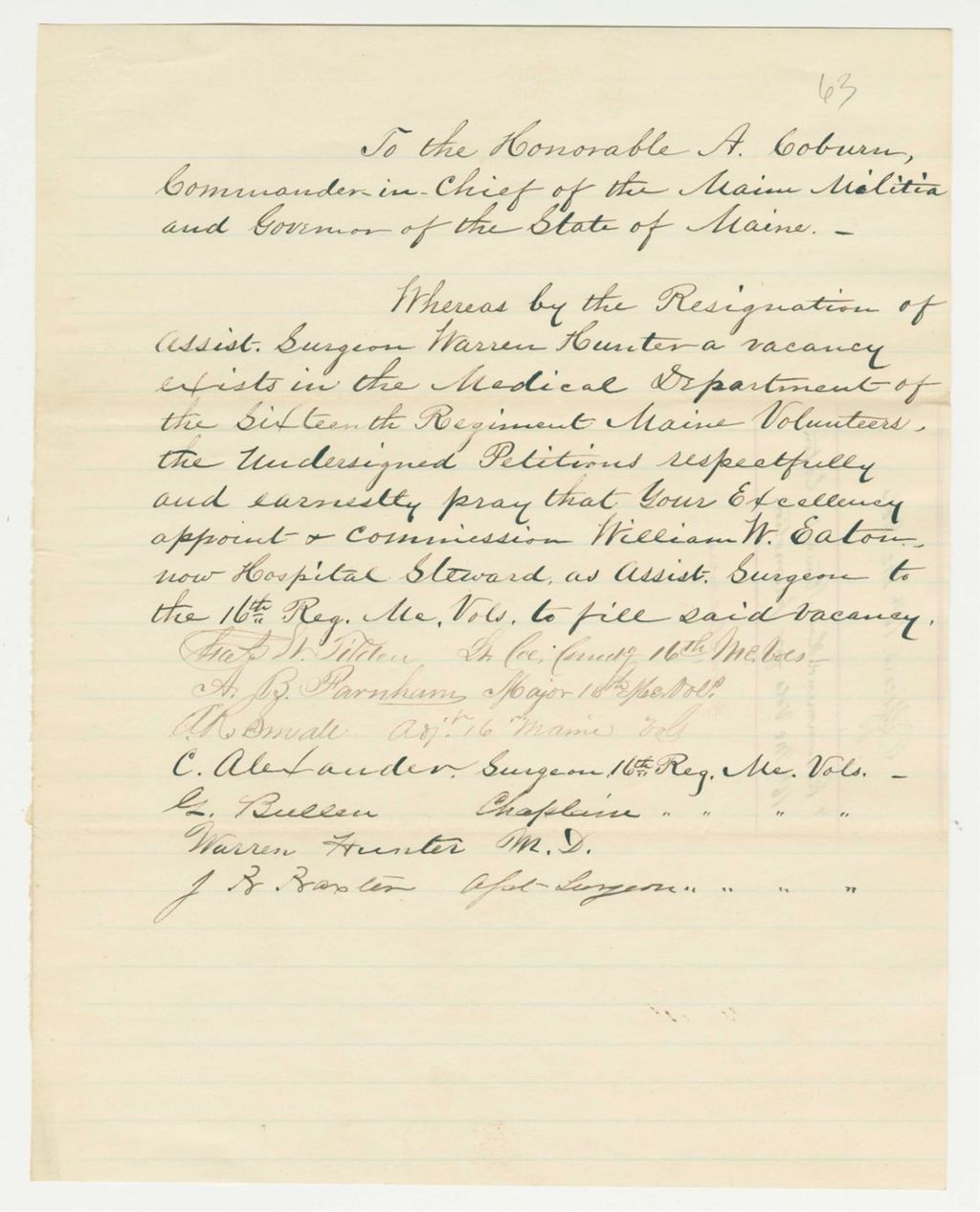 Miniature of Undated (circa 1863) - Lt. Colonel Charles Tilden and others petition for William W. Eaton as Assistant Surgeon