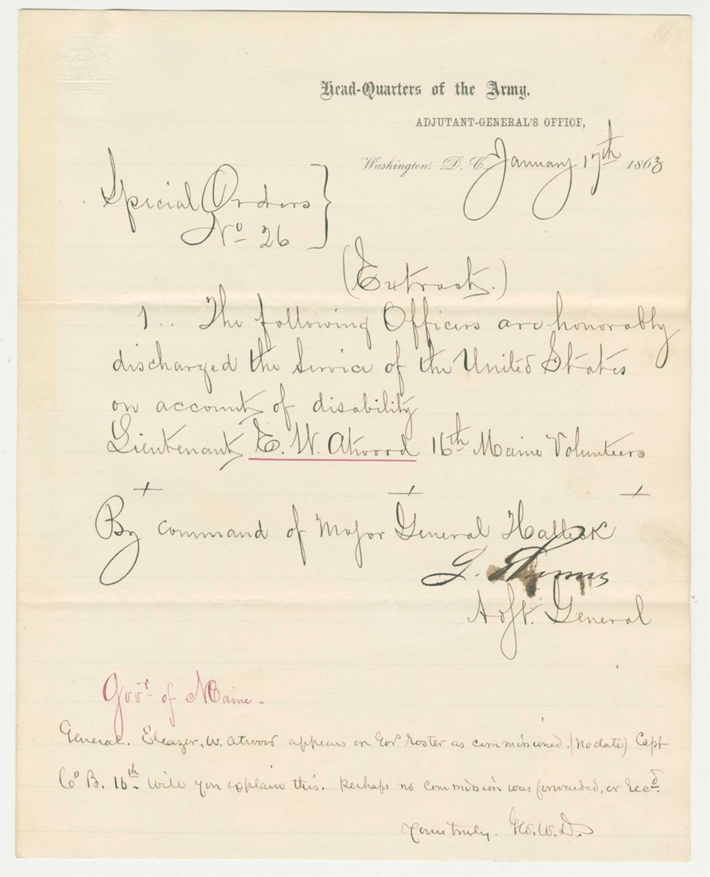 Miniature of Special Order 26 honorably discharging Lieutenant Eleazer W. Atwood for disability