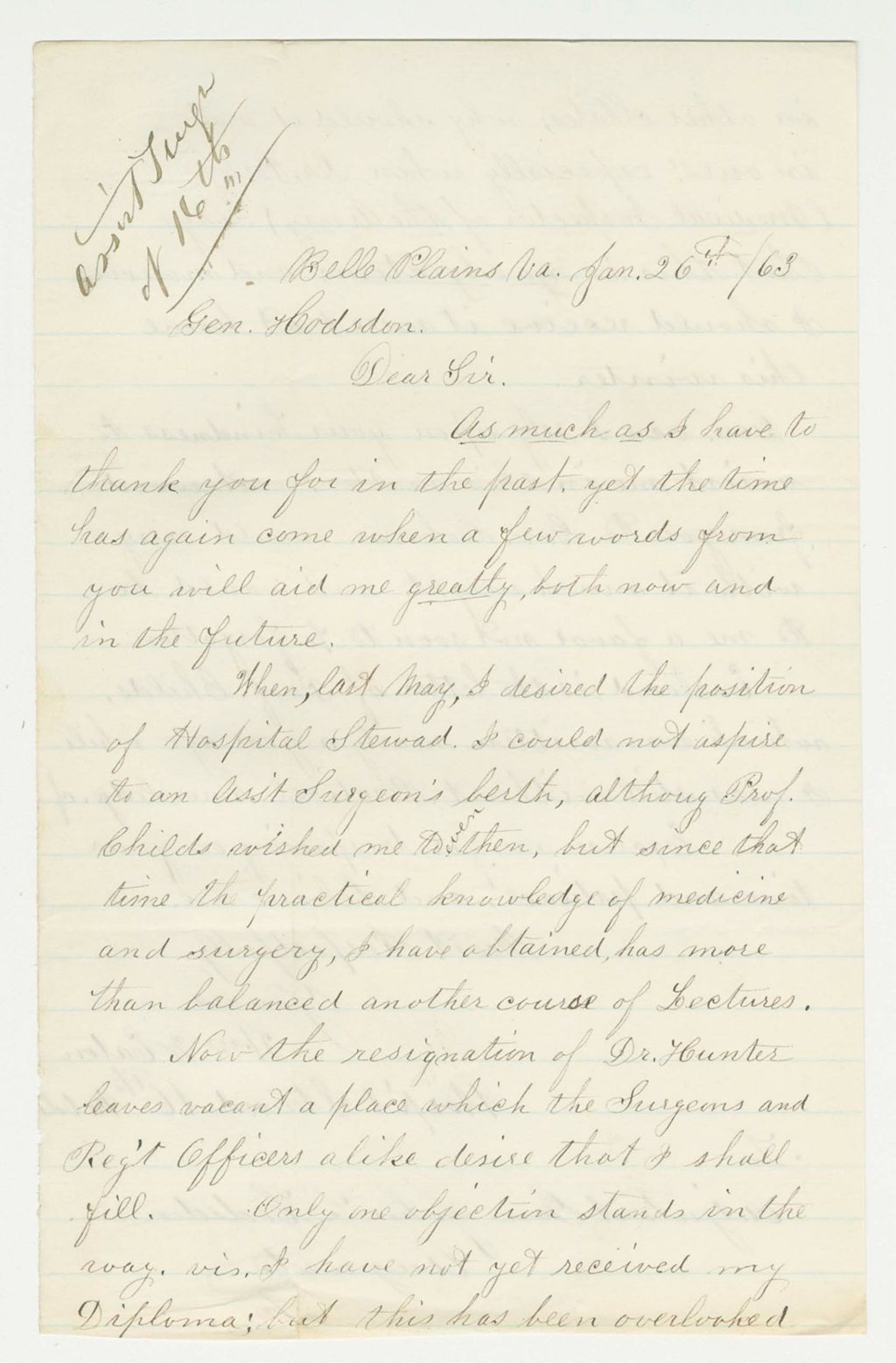 Miniature of Hospital Steward William W. Eaton requests position as Assistant Surgeon though he has not received his diploma