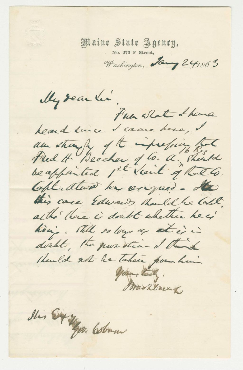 Miniature of Israel Washburn recommends Lieutenant Fred H. Beecher for promotion