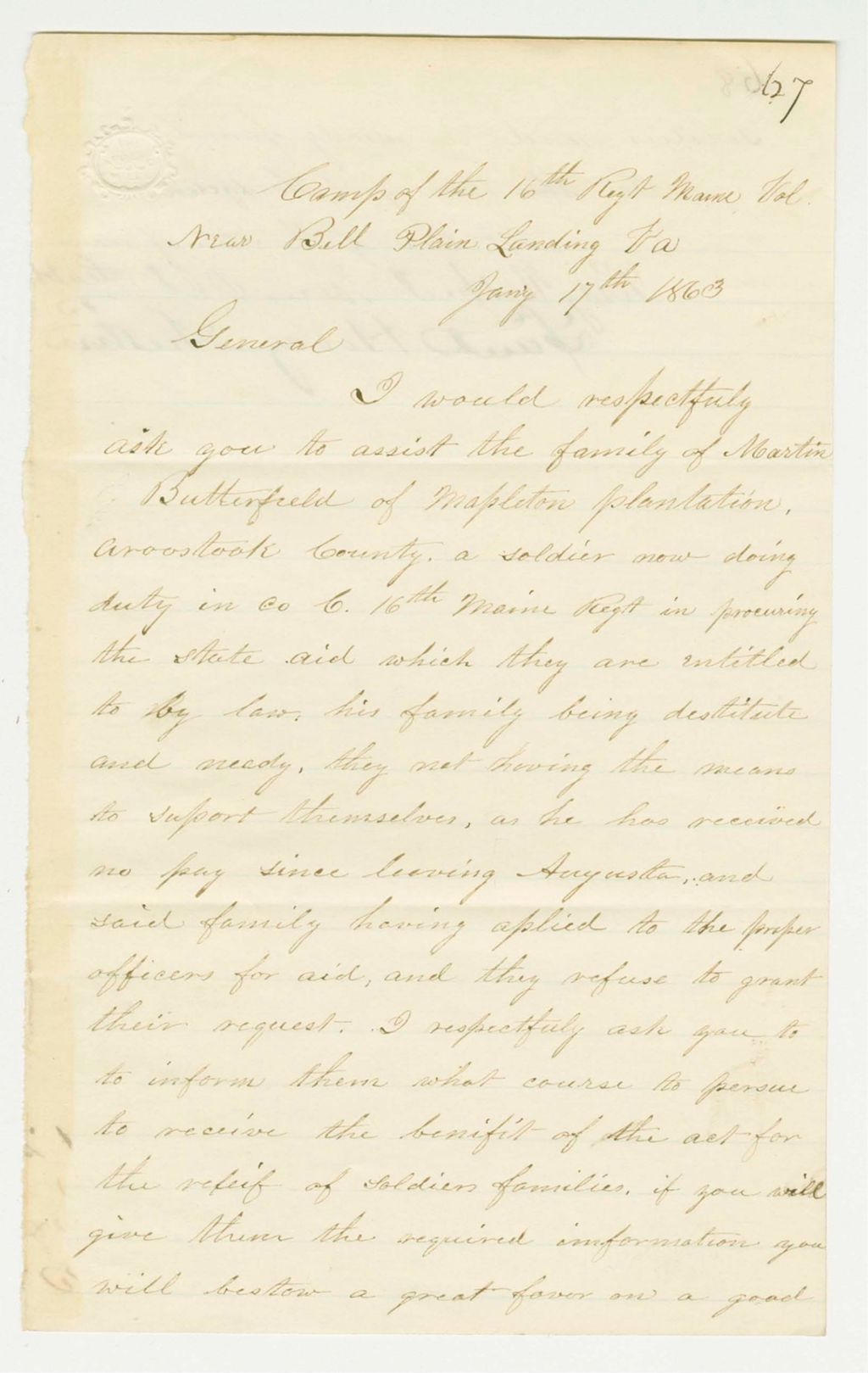 Miniature of Lieutenant Hovey Austin requests aid be given the family of Martin Butterfield