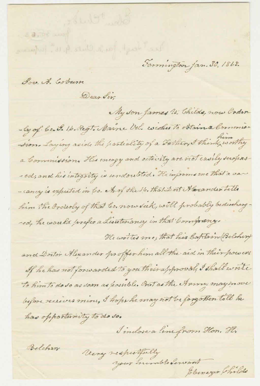 Miniature of Ebenezer Childs requests a commission for his son James