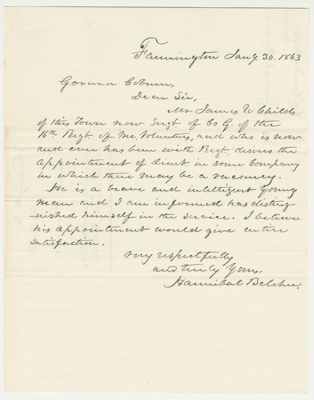 Miniature of Hannibal Belcher recommends appointment of Sergeant James W. Childs
