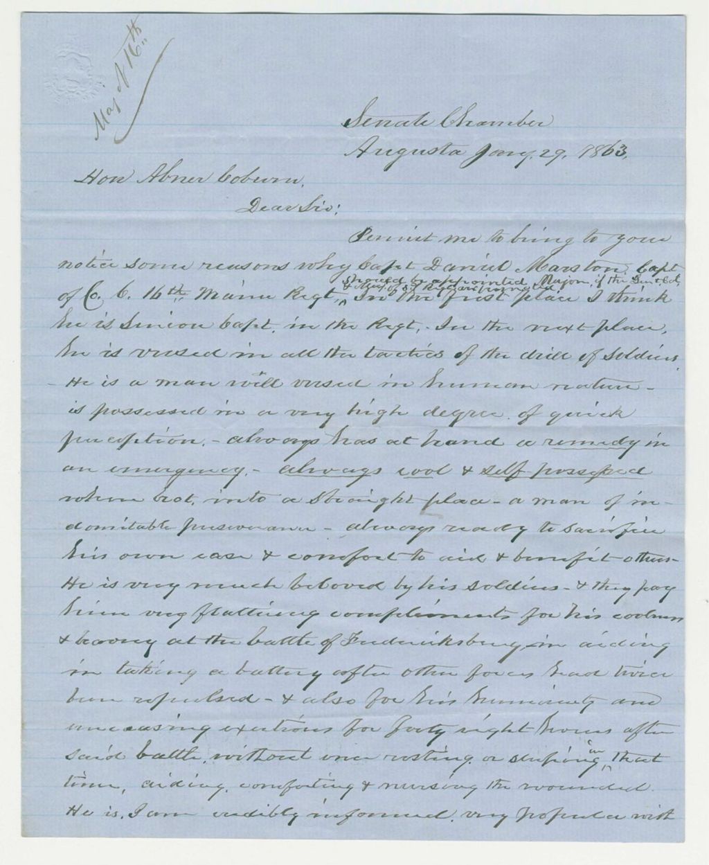 Miniature of W.H. Josselyn and Samuel Lambert recommend promotion of Captain Daniel Marston