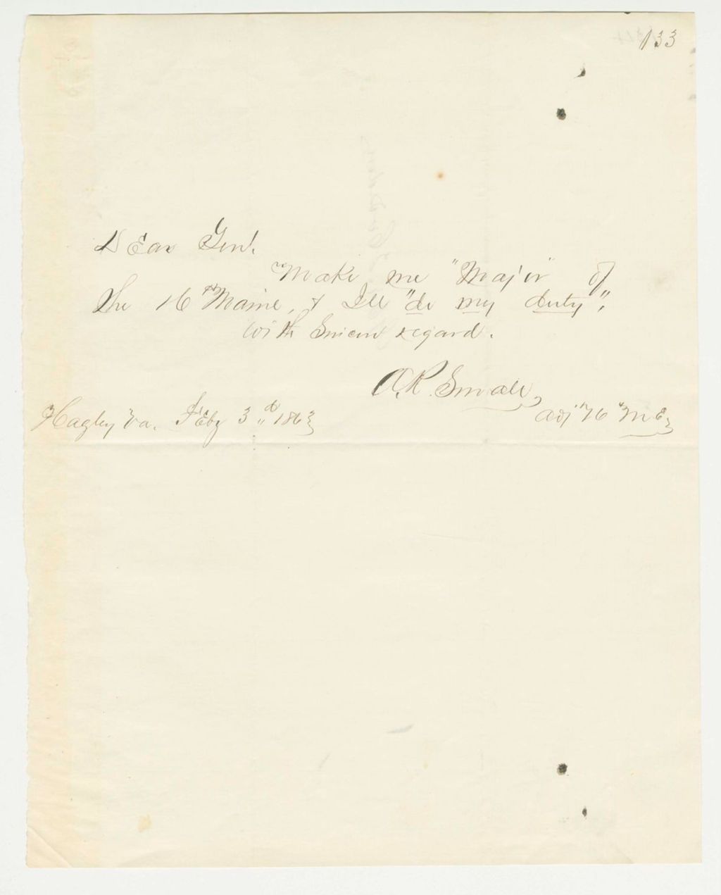 Miniature of A.R. Small asked to be appointed as Major