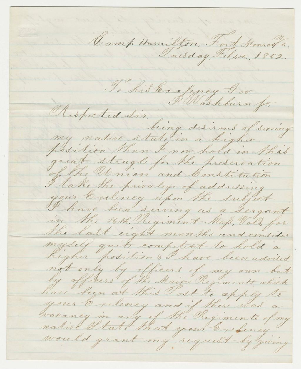 Miniature of Sergeant Charles Hussey requests position in a Maine regiment