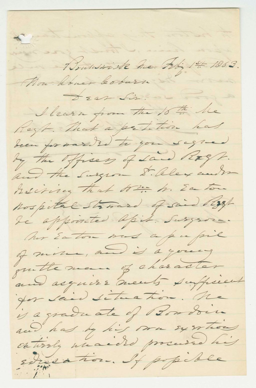 Miniature of John Lincoln recommends William Eaton for assistant surgeon