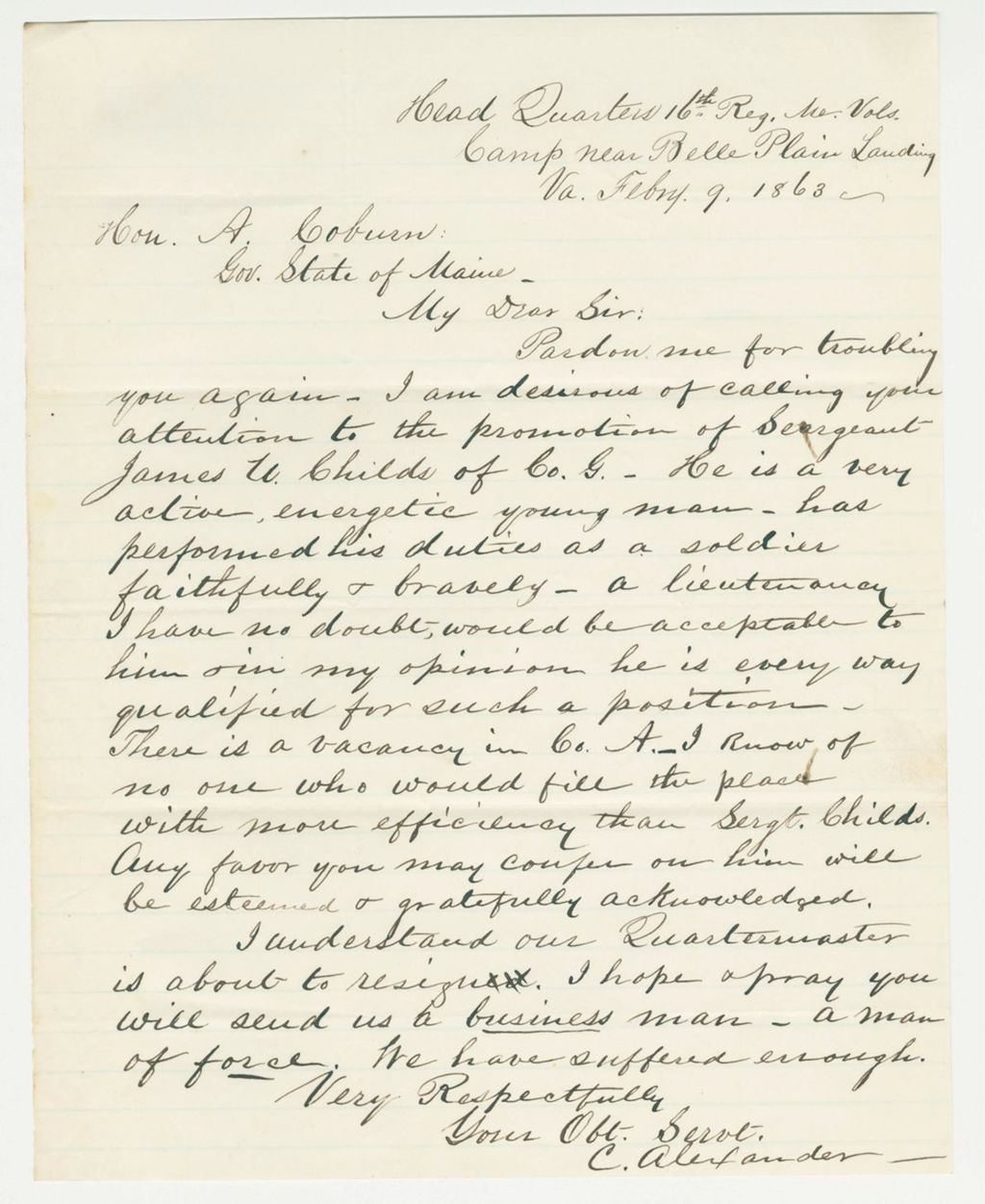 Miniature of C. Alexander recommends Sergeant James W. Childs for promotion