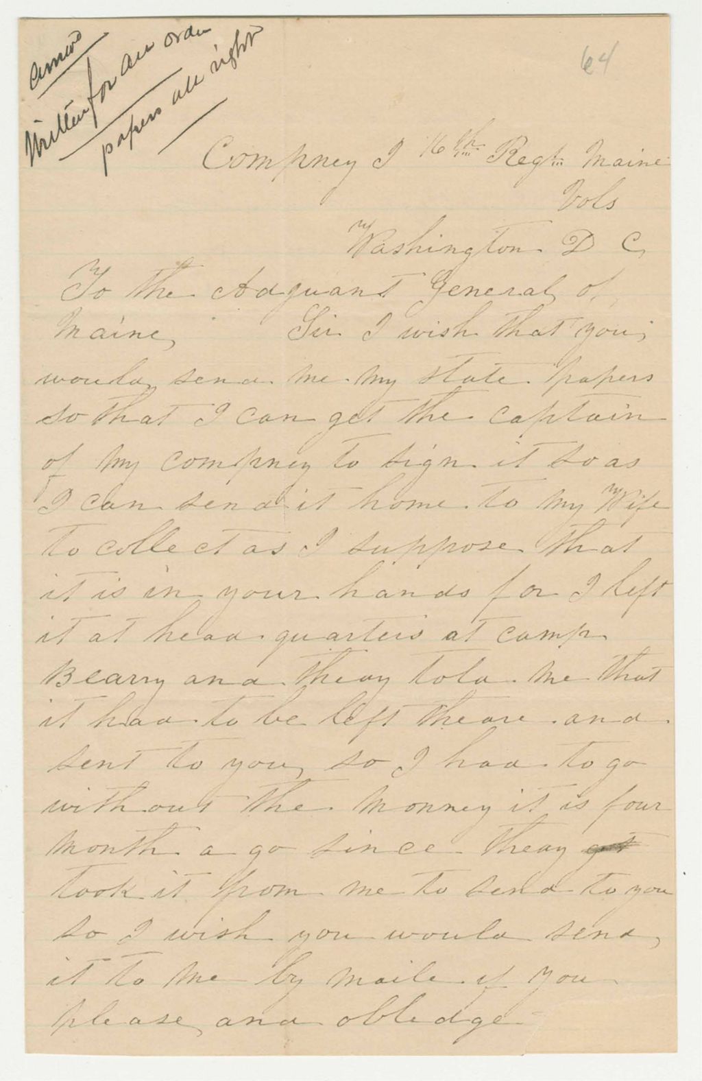 Miniature of Undated (circa 1864) - John Patterson, Company I, requests papers for bounty payment
