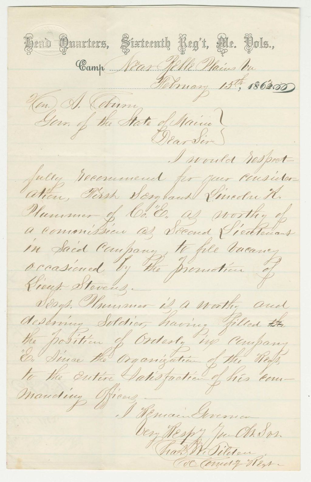 Miniature of Colonel Tilden recommends Sergeant Lincoln K. Plummer of Company E for promotion