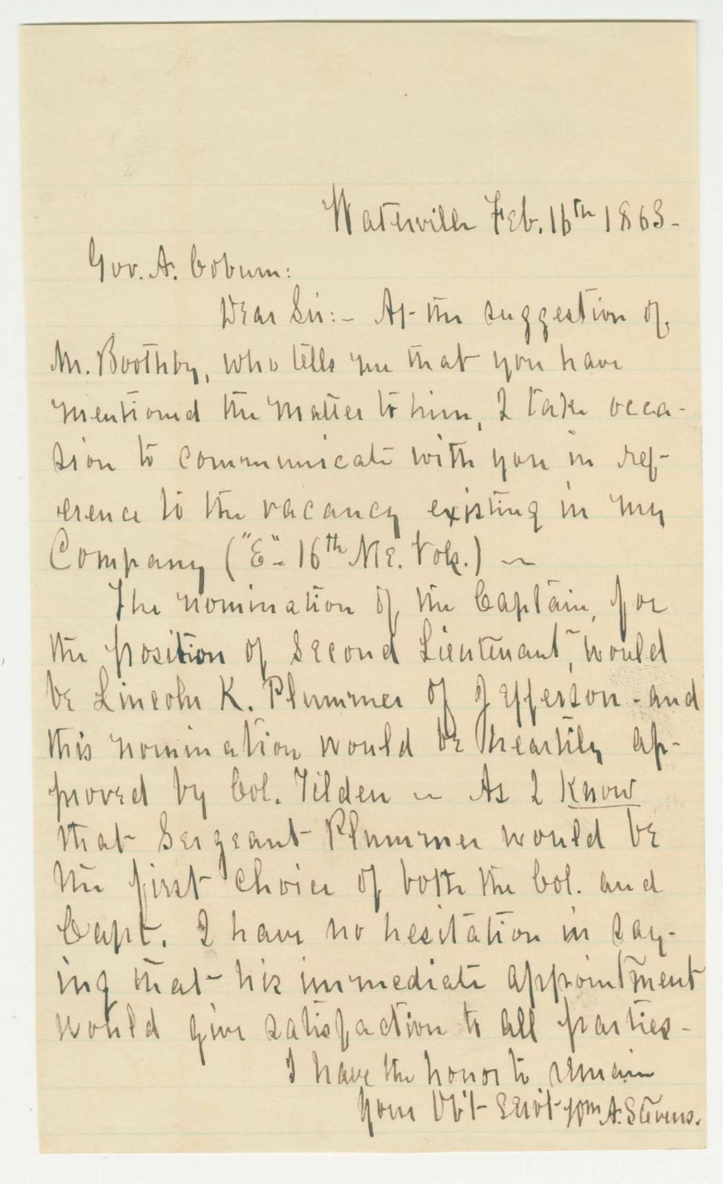 Miniature of William A. Stevens recommends Lincoln Plummer for promotion