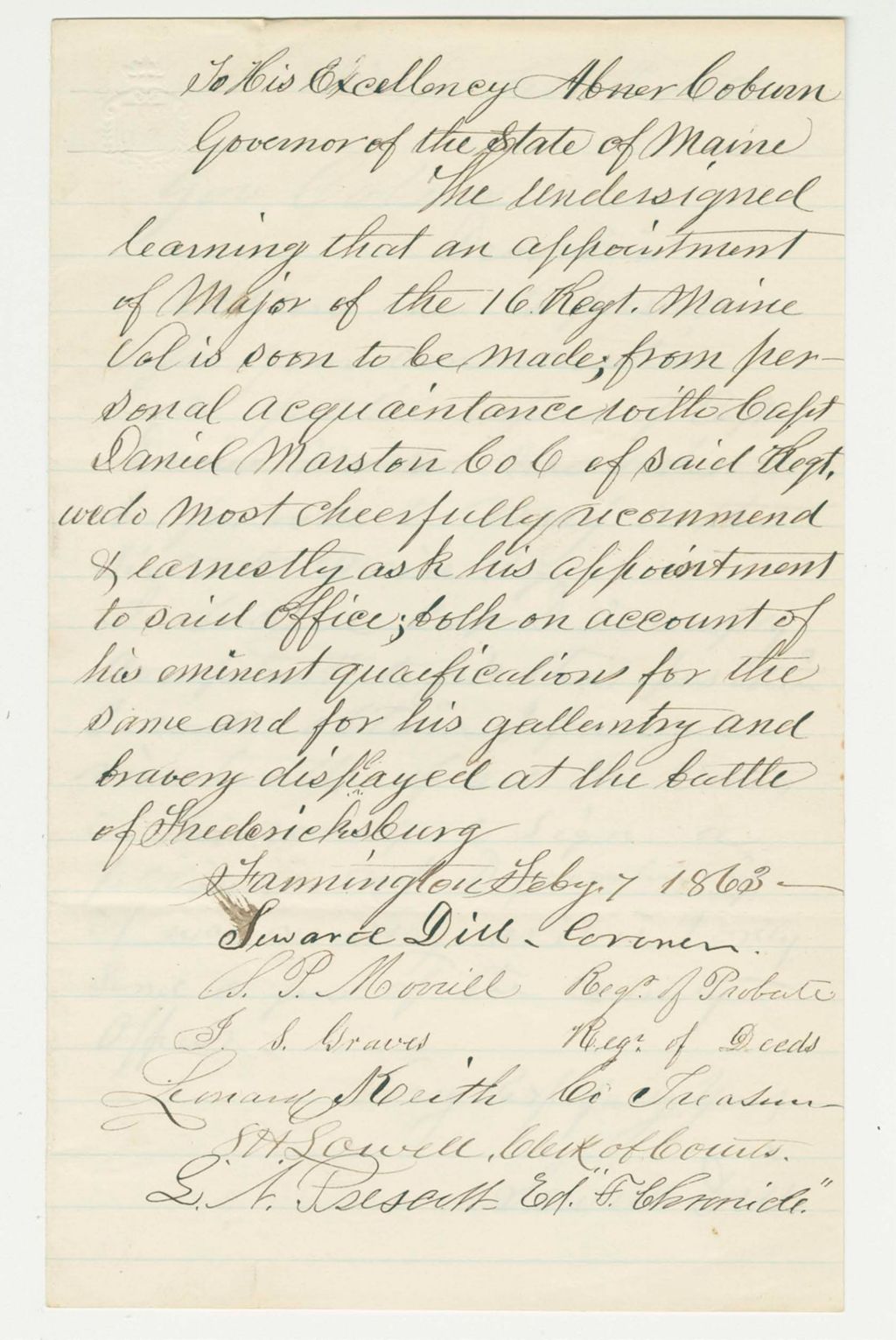 Miniature of Seward Dill, Coroner, and other Franklin County officials recommend Daniel Marston for promotion
