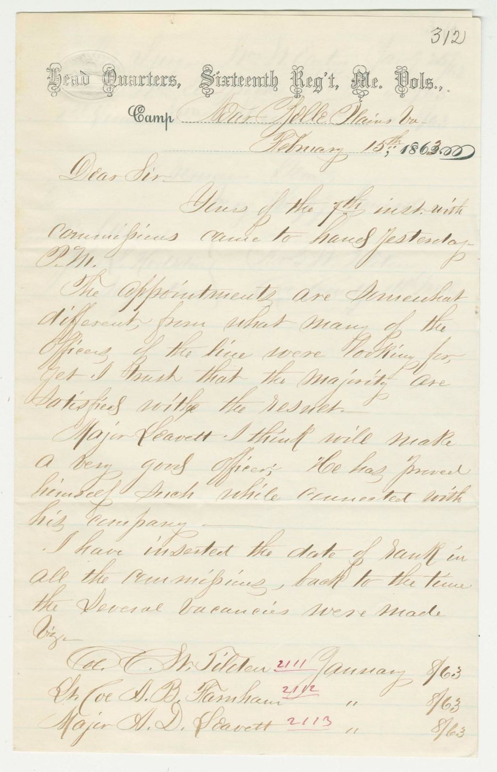 Miniature of Colonel Tilden writes Adjutant General Hodsdon regarding commissions received