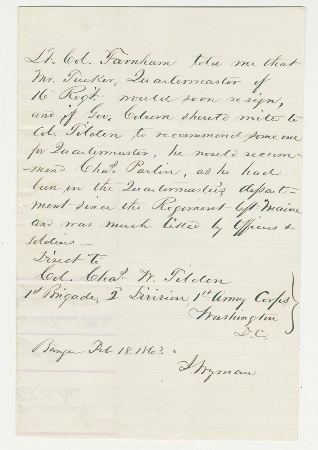 Miniature of J. Wyman recommends Charles Parlin for promotion