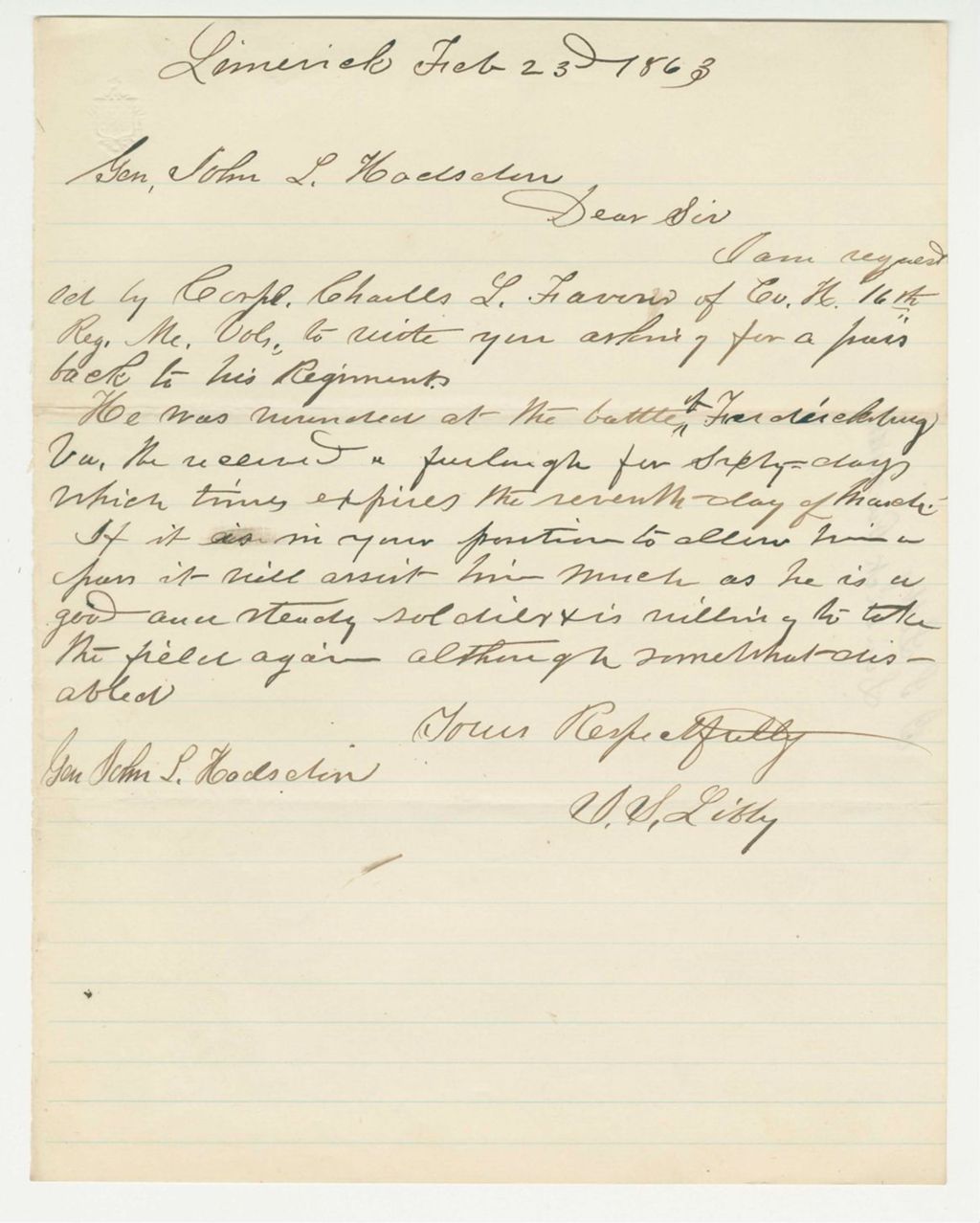 Miniature of Mr. Libby requests a pass back to the regiment for Corporal Charles L. Farrow