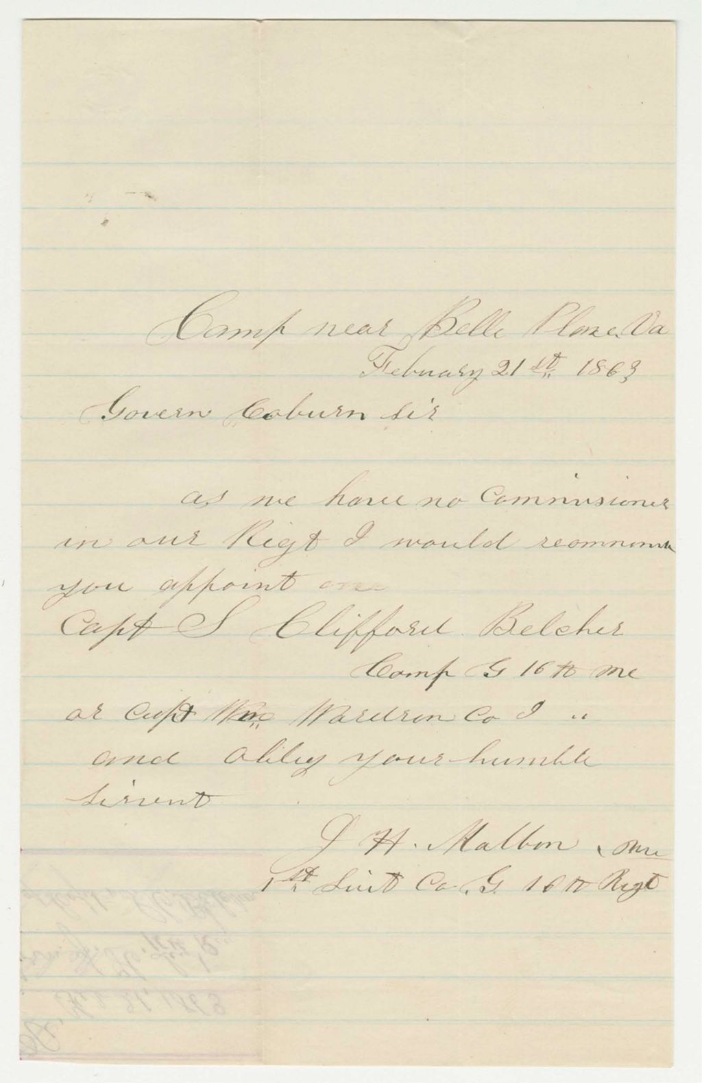 Miniature of Lieutenant J.H. Malborn rcommends promotion of Captain Belcher