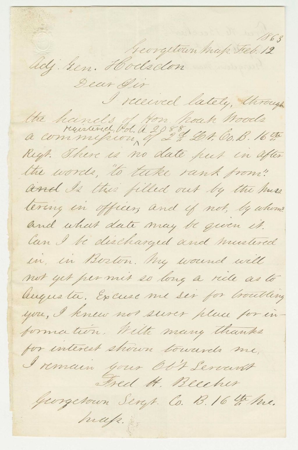 Miniature of Fred Beecher inquires about his commission date