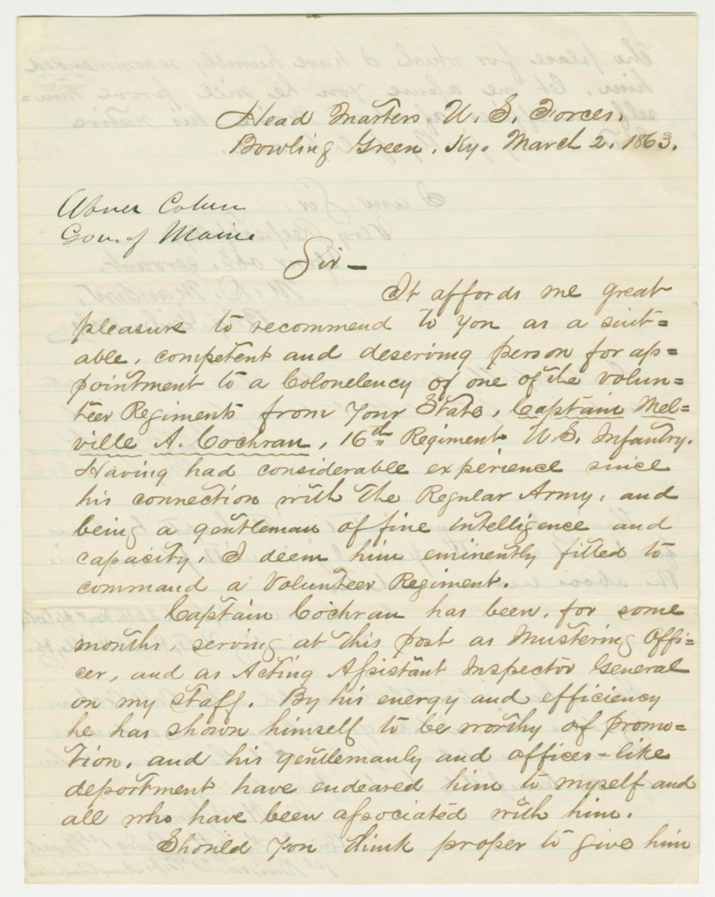 Miniature of Brigadier General M.D. Manson and others recommend Captain Melville A. Cochran for colonel