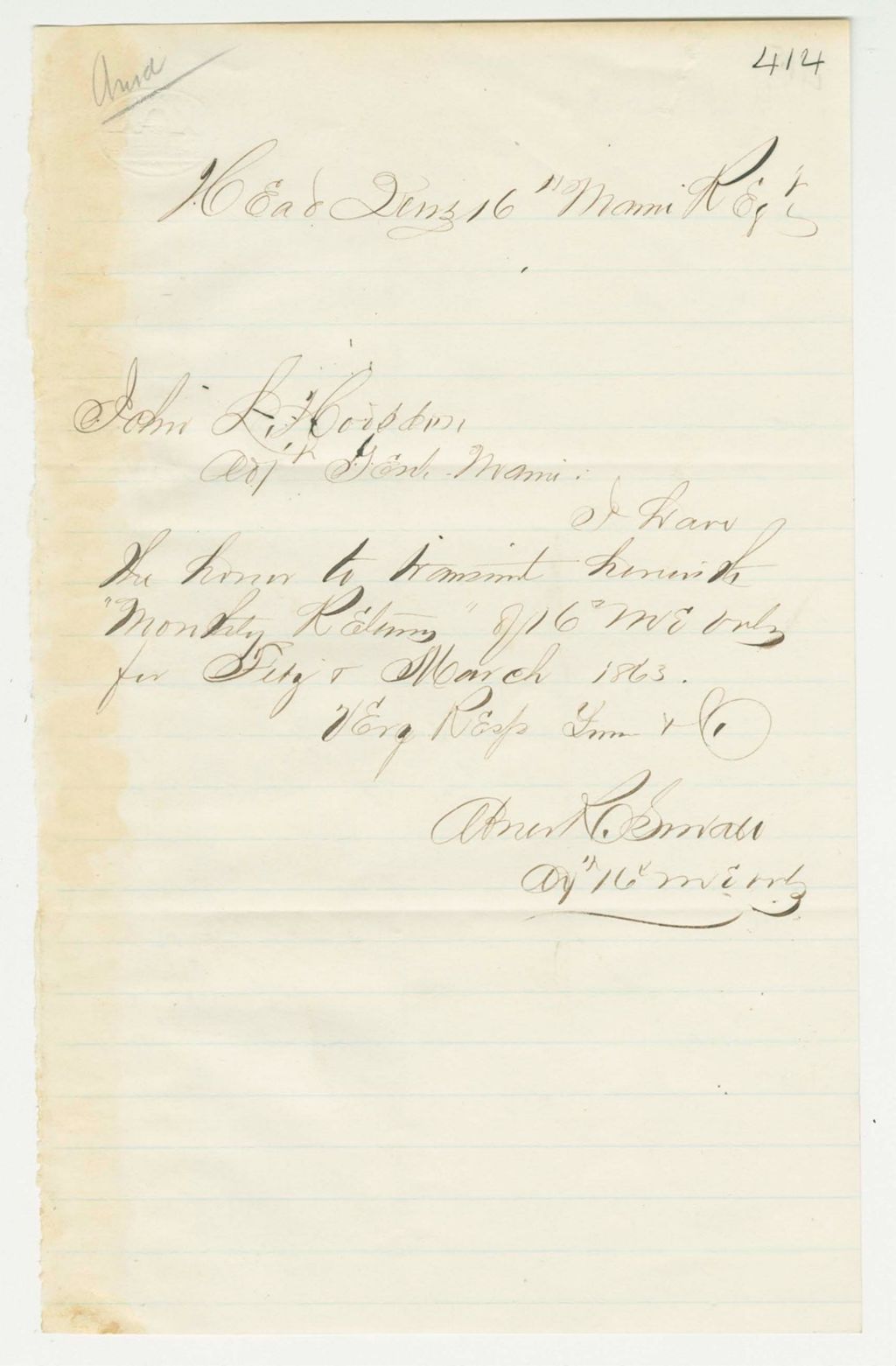 Miniature of Abner Small sends monthly returns for February and March 1863