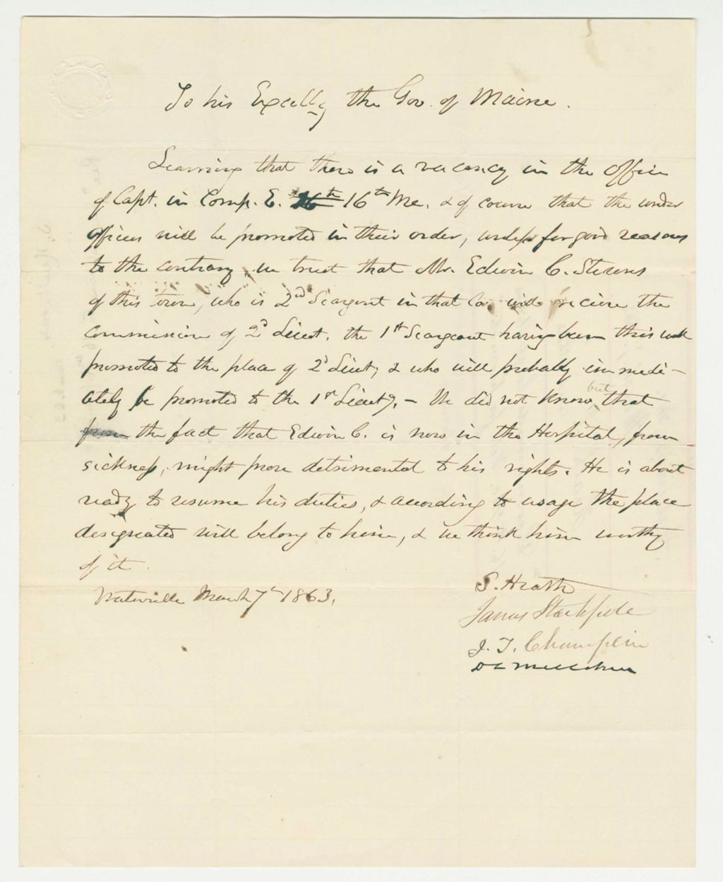 Miniature of James Stackpole and others recommend Edwin C. Stevens for promotion to lieutenant