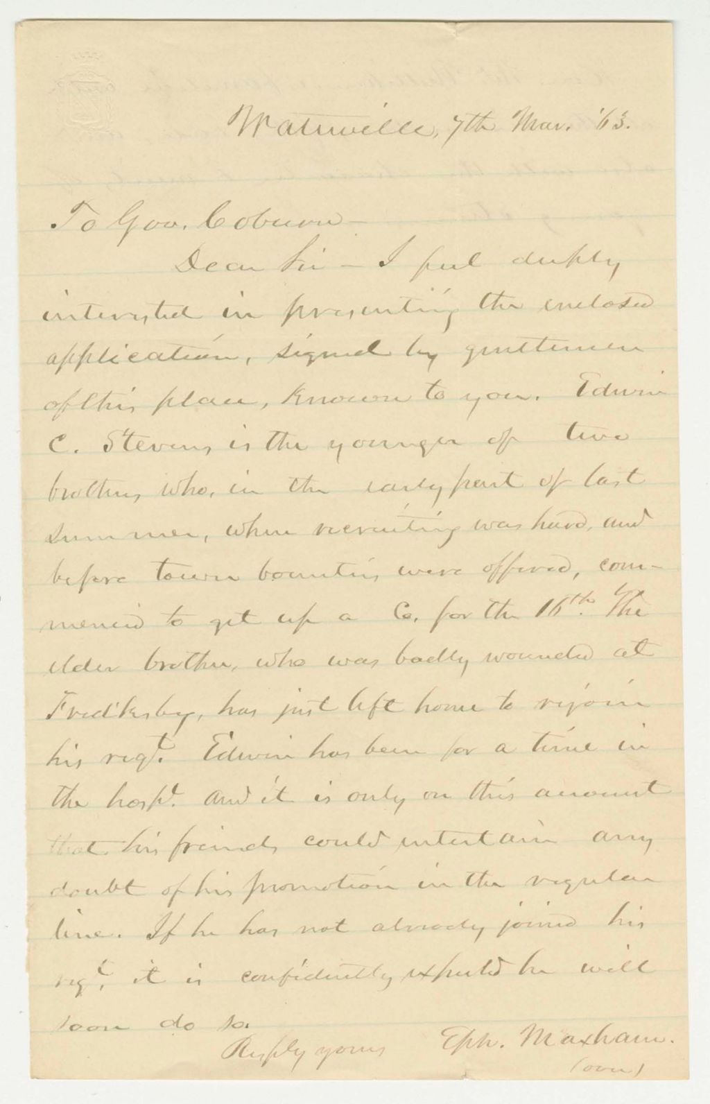Miniature of Ephraim Maxham recommends Edwin C. Stevens