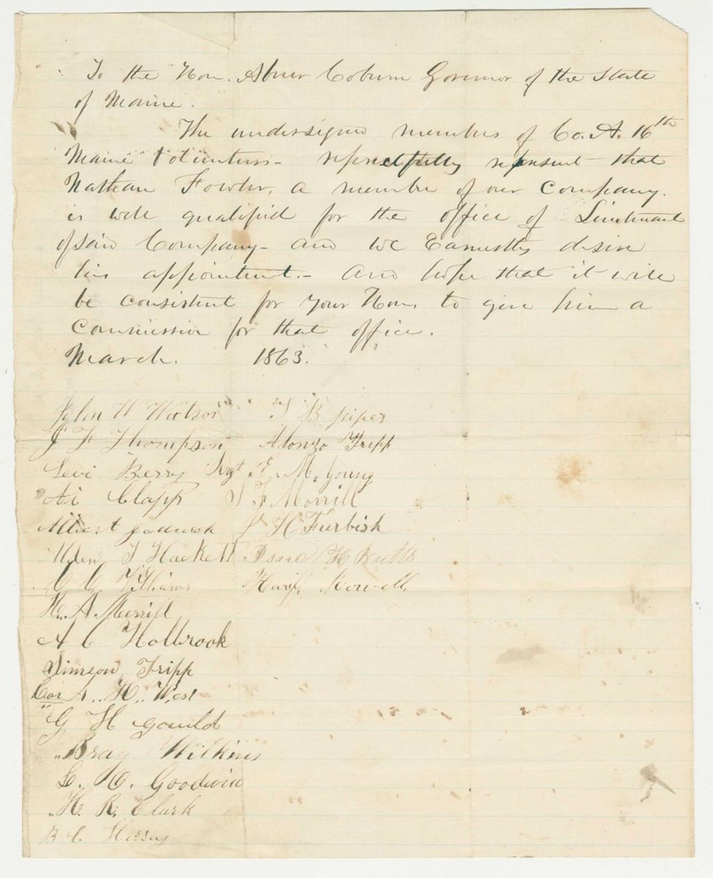 Miniature of John Watson and members of Company A recommend Nathan Fowler for Lieutenant
