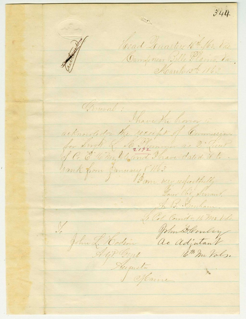 Miniature of Lieutenant Colonel A.B. Farnham acknowledges receipt of commission for Sergeant Lincoln K. Plummer of Company E