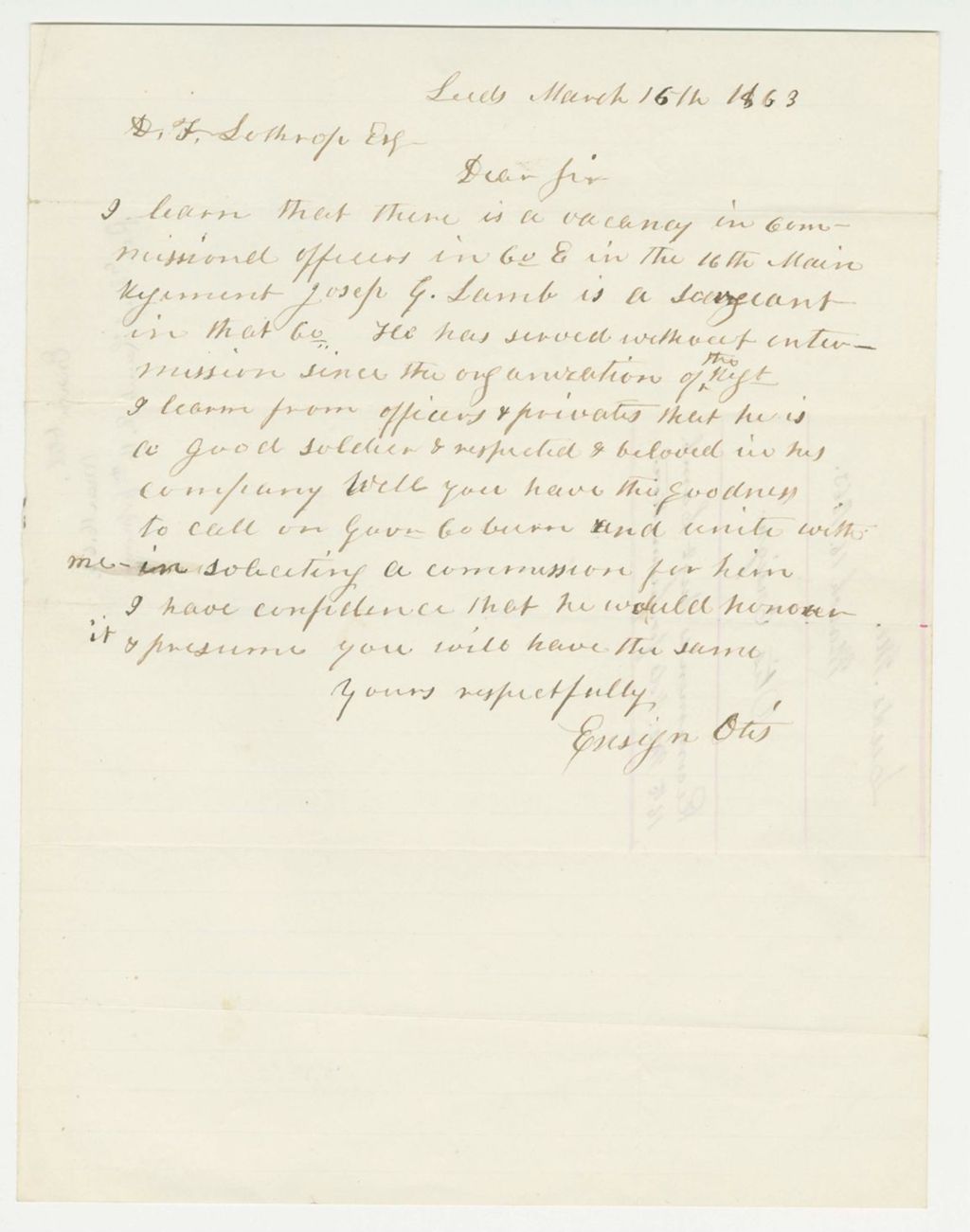 Miniature of Ensign Otis recommends Sergeant Joseph G. Lamb for promotion