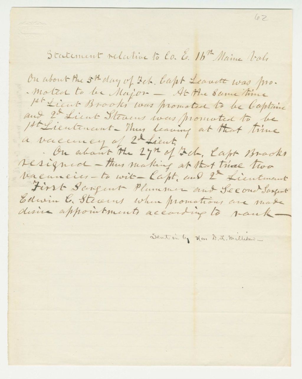 Miniature of D.L. Milliken submits statement regarding Company E vacancies