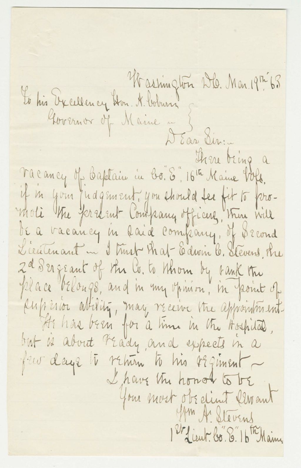 Miniature of Lieutenant William A. Stevens requests promotion to Captain in Company E